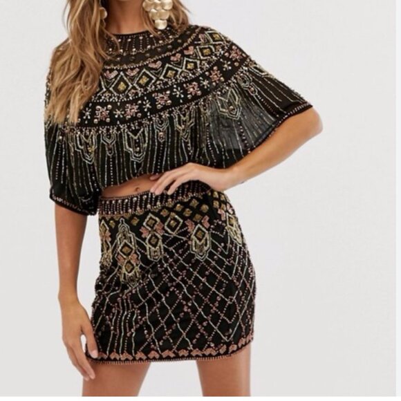 ASOS Dresses & Skirts - ASOS Black Gold Beaded Cape Top & Mini Skirt Set Embellished NWT Size 8 Boho